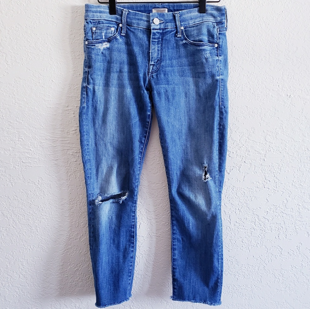 MOTHER Distressed Cropped Blue Jeans